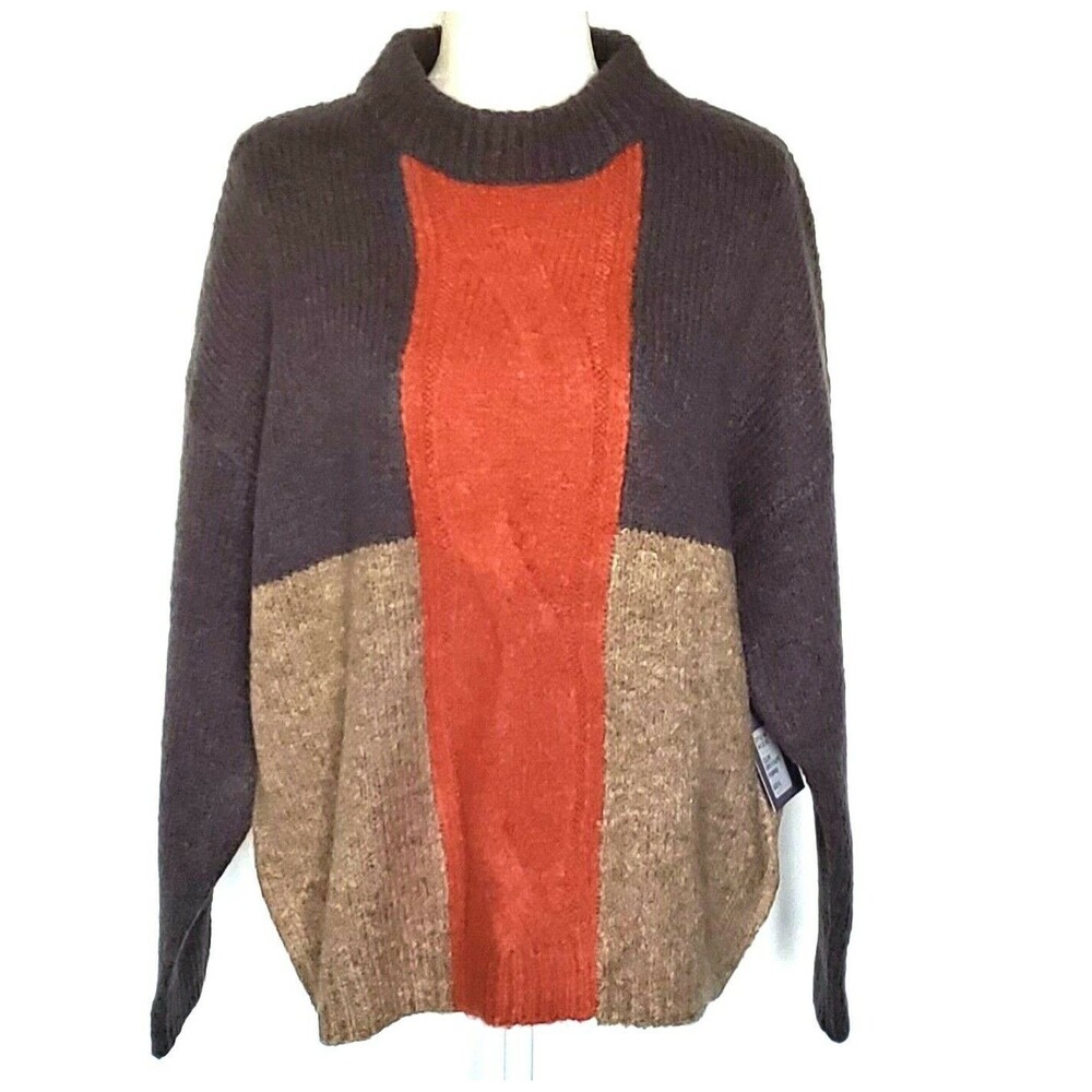 Michelle Nicole Sweater Size‎ L Wool Cable Knit Oversized Colorblock Gray Tan